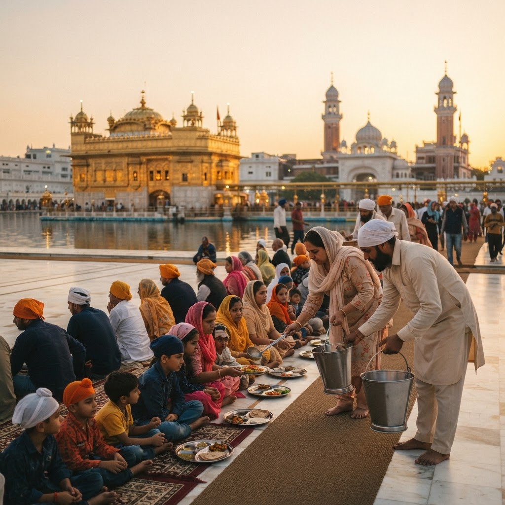 Temple at golden hour with volunteers serving the community